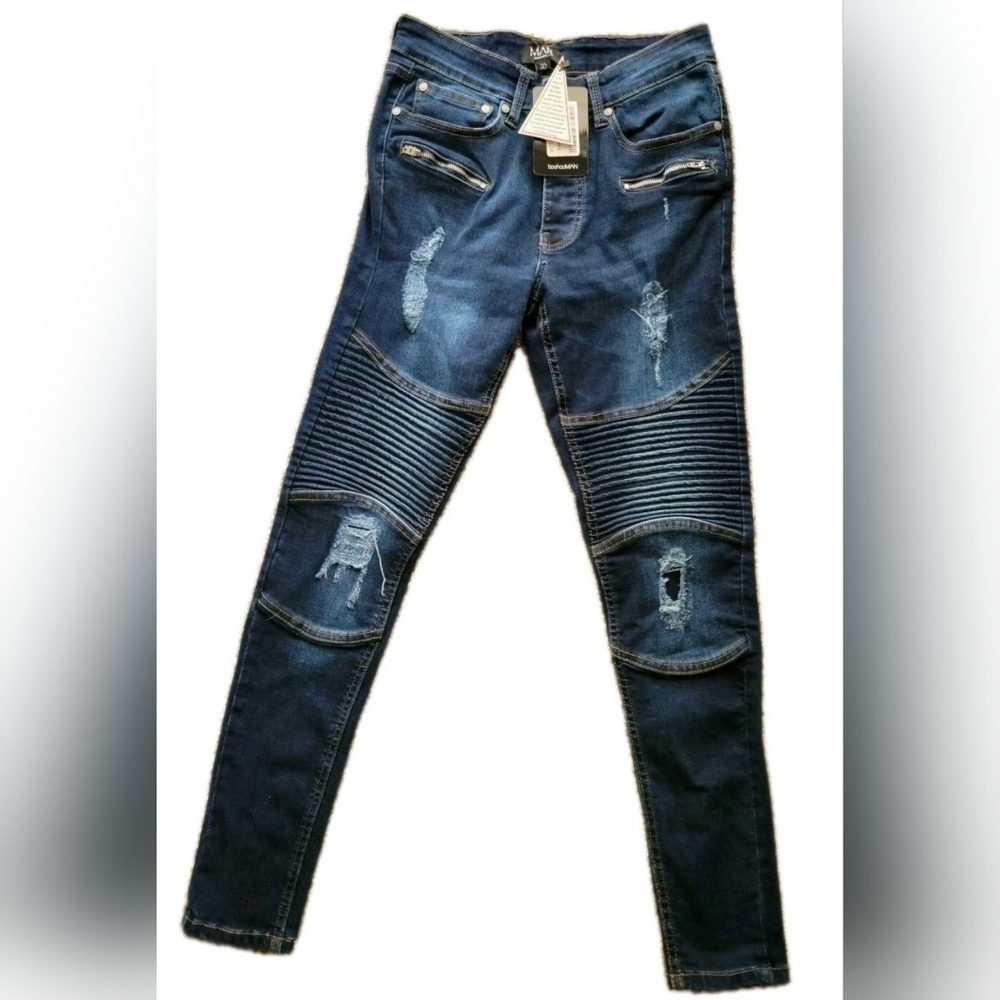 Boohoo Man Men's Spray On Skinny Biker Dark Blue Denim Jeans Size 30 New